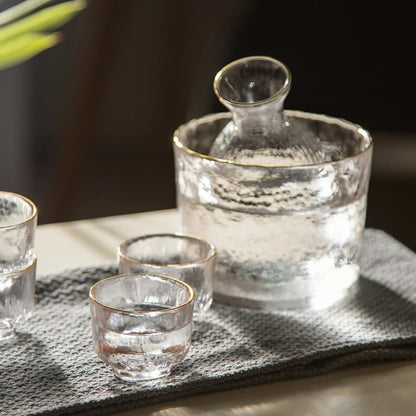 Gold-Rimmed Hammered Glass Sake Set