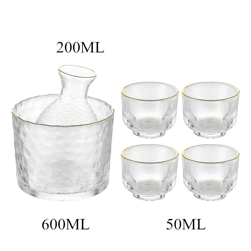 Gold-Rimmed Hammered Glass Sake Set