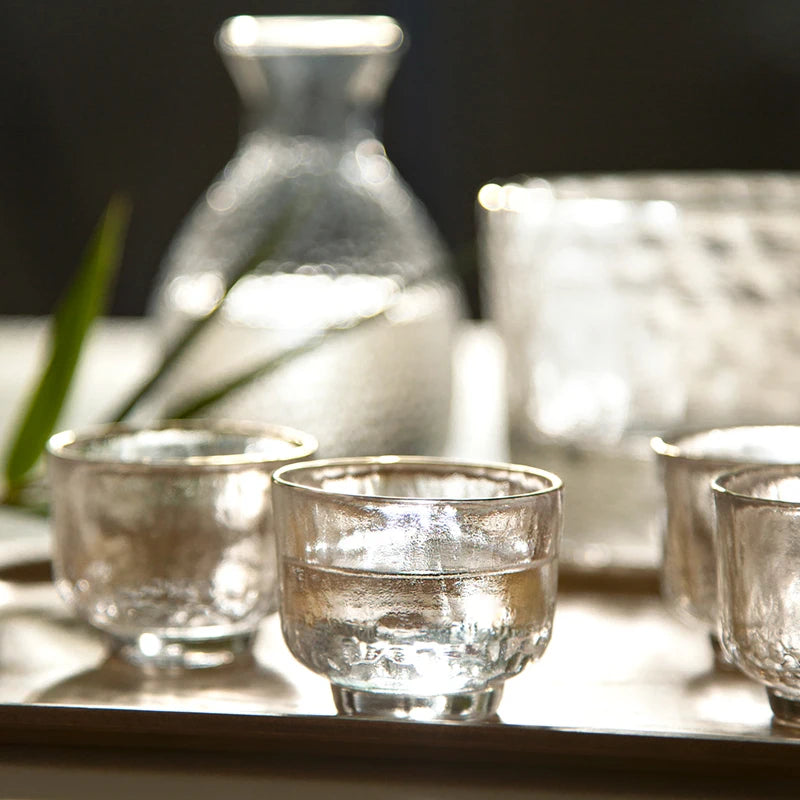 Gold-Rimmed Hammered Glass Sake Set