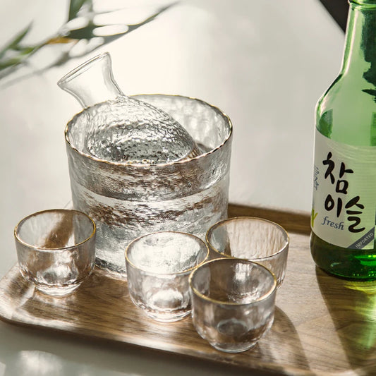 Gold-Rimmed Hammered Glass Sake Set