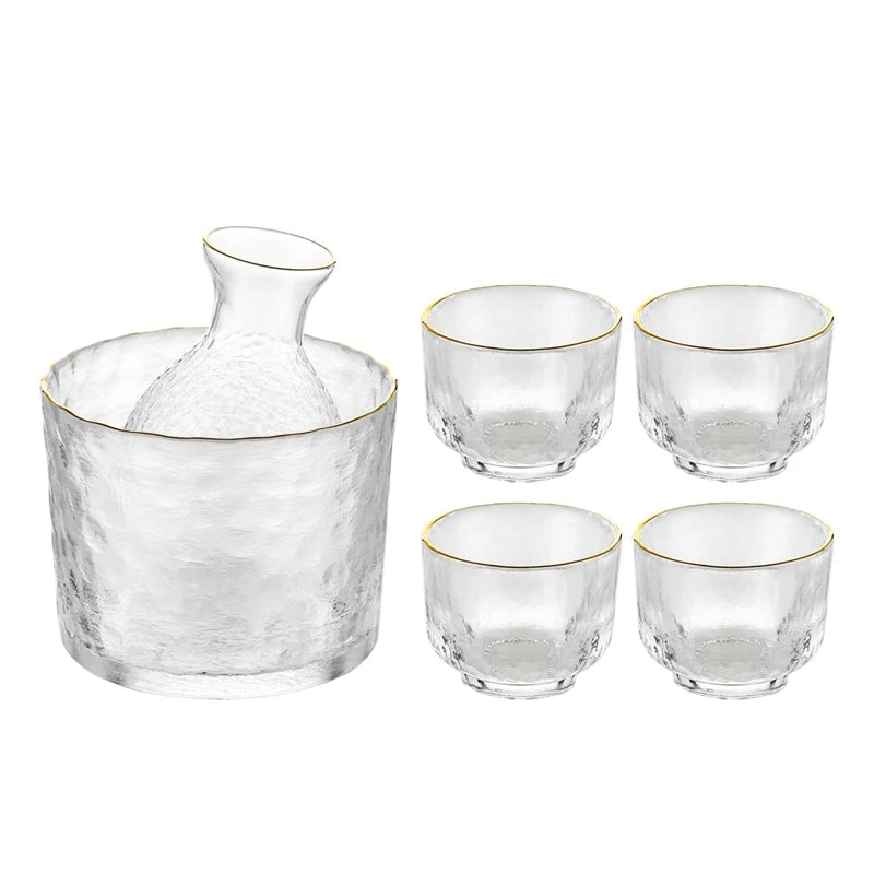 Gold-Rimmed Hammered Glass Sake Set