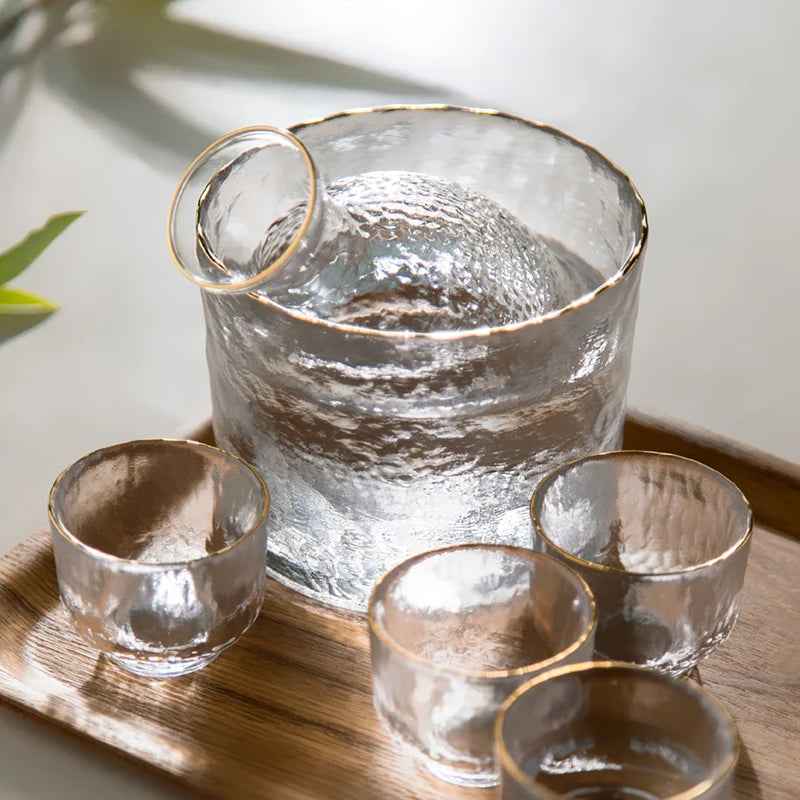 Gold-Rimmed Hammered Glass Sake Set
