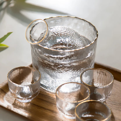 Gold-Rimmed Hammered Glass Sake Set