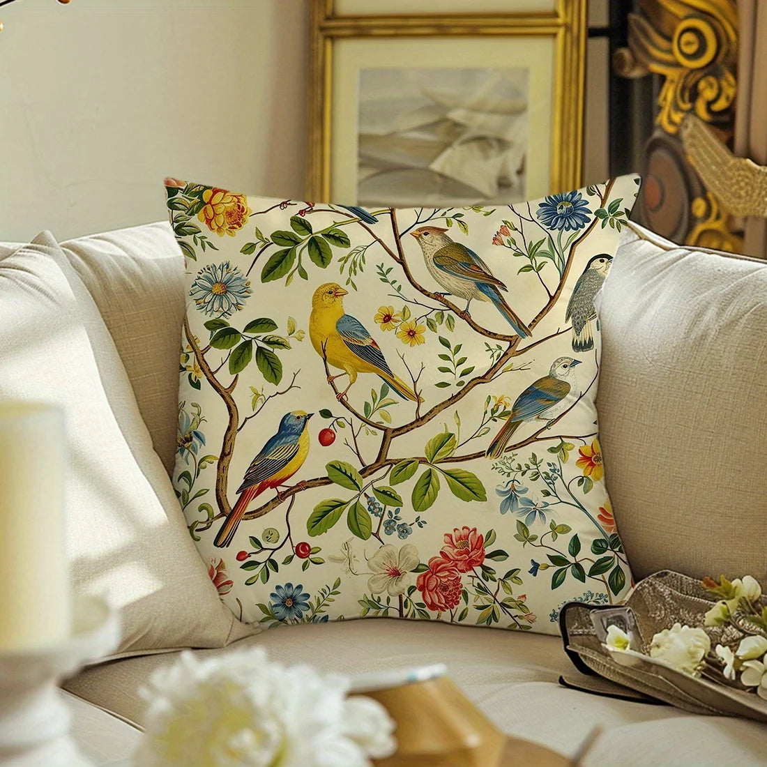 Bird and Floral Throw Pillow Cover