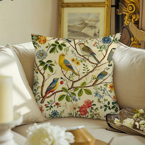 Bird and Floral Throw Pillow Cover