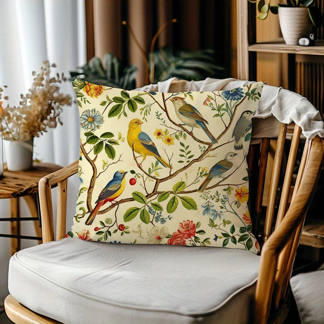 Bird and Floral Throw Pillow Cover