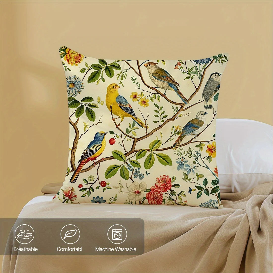 Bird and Floral Throw Pillow Cover