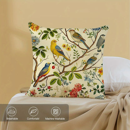 Bird and Floral Throw Pillow Cover