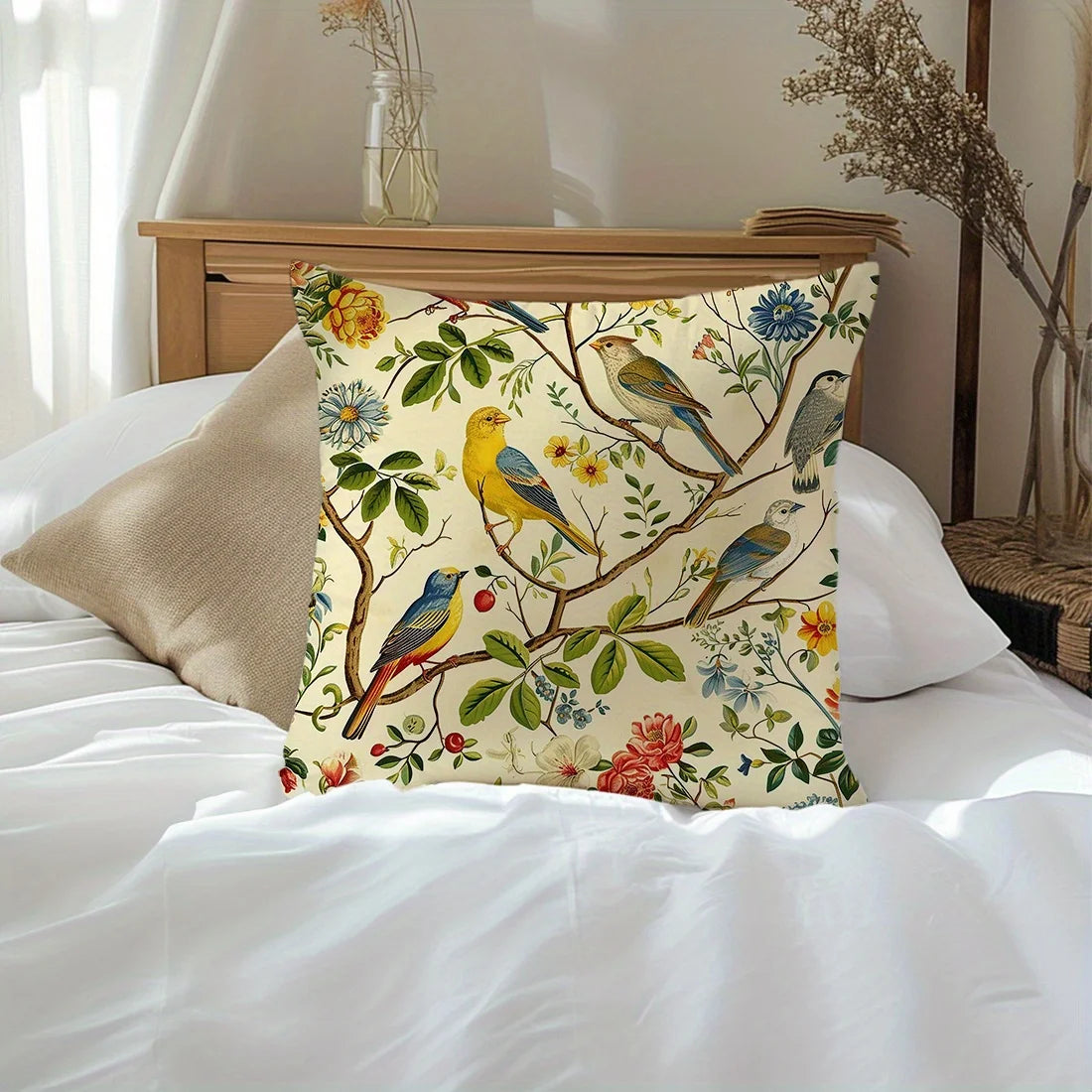 Bird and Floral Throw Pillow Cover