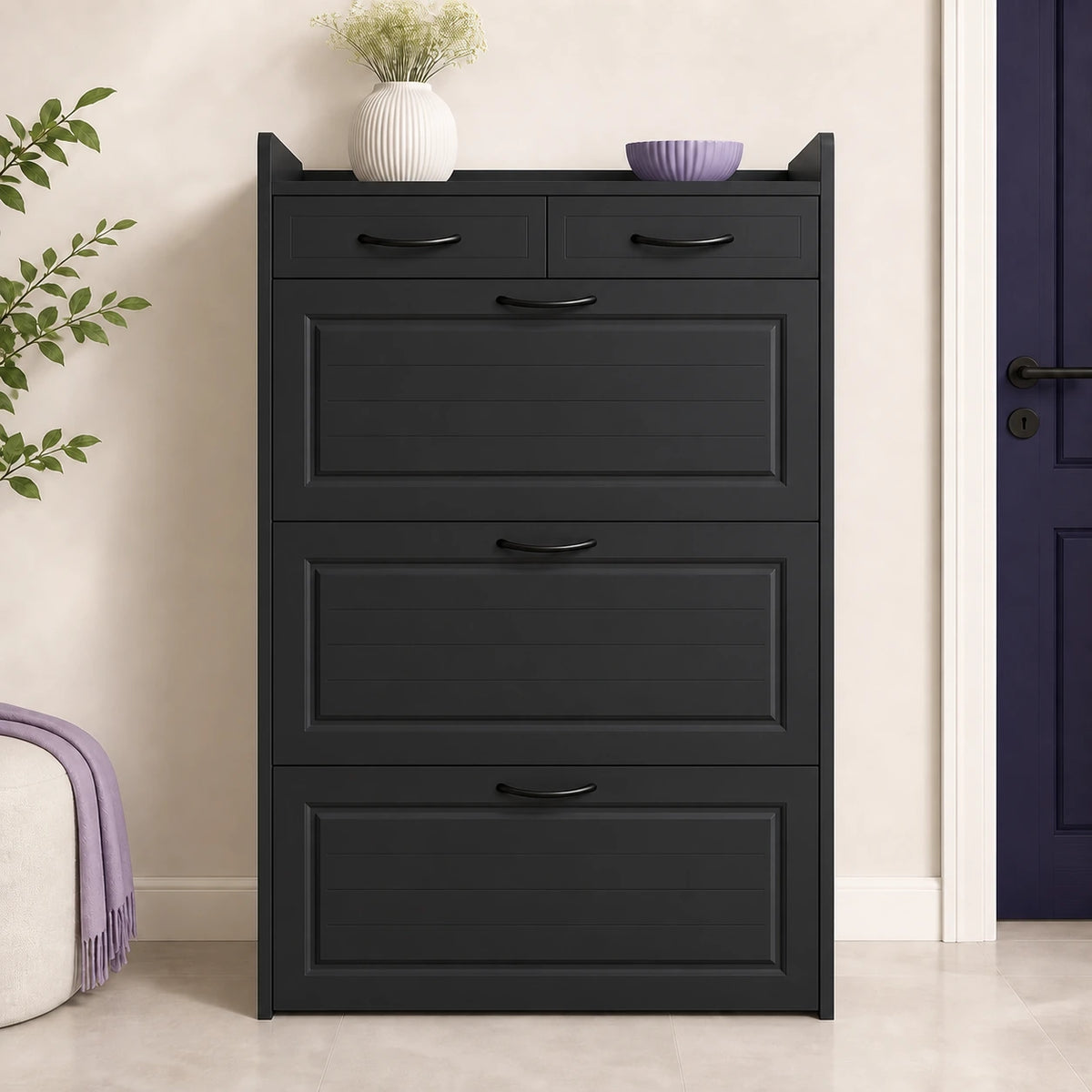 Arynora Entryway Shoe Cabinet in Black, closed front view