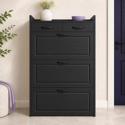 Arynora Entryway Shoe Cabinet in Black, closed front view