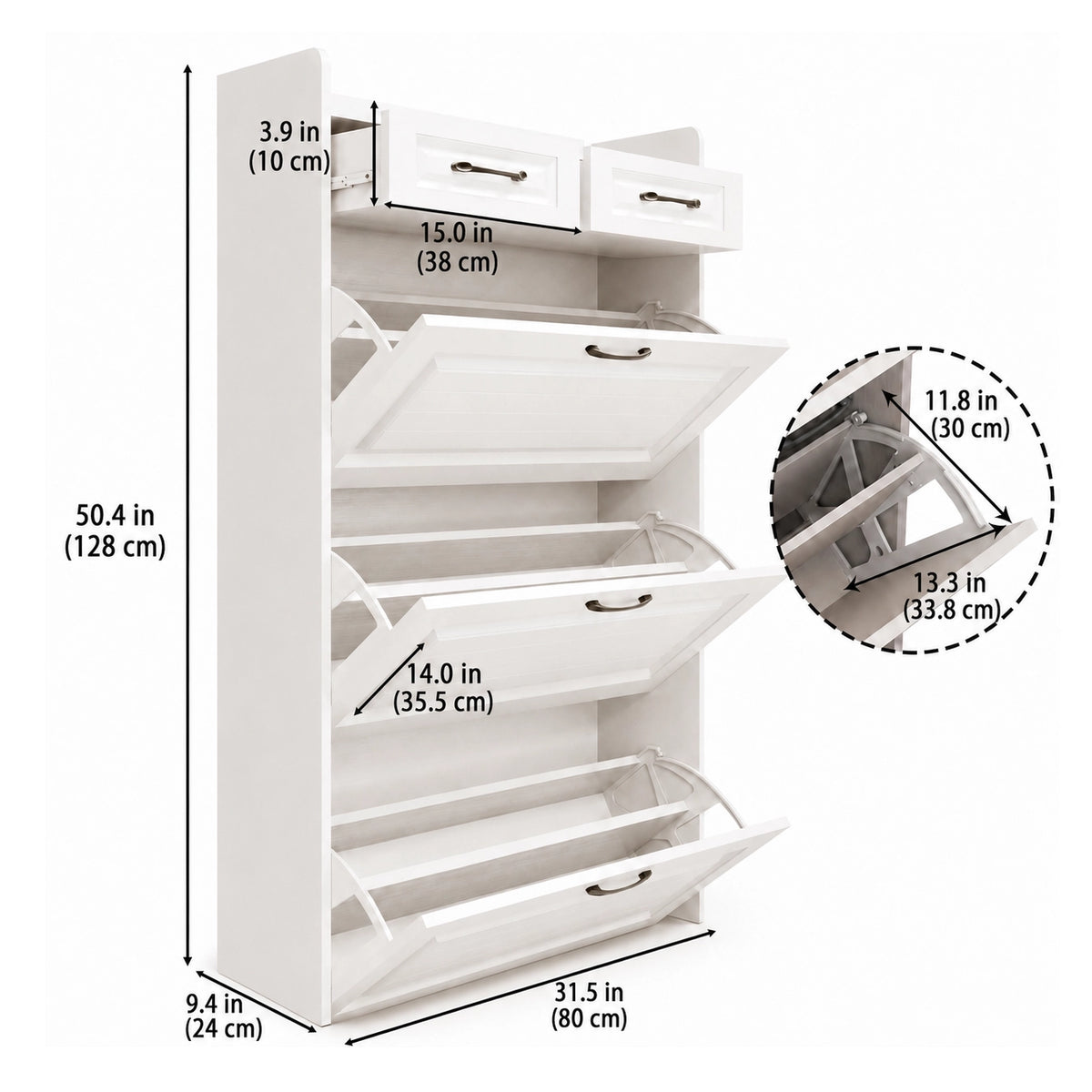 Arynora shoe cabinet dimensions: 50.4 high by 31.5 wide by 9.4 deep