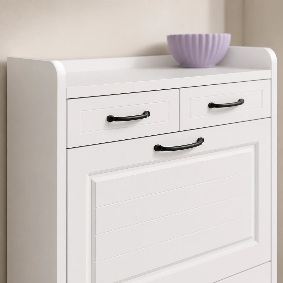 Arynora shoe cabinet framed fronts and curved handle detail