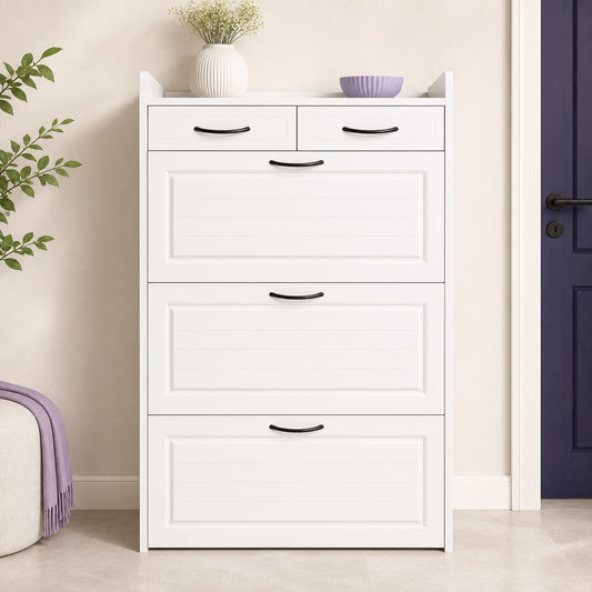 Arynora Entryway Shoe Cabinet in White, closed front view