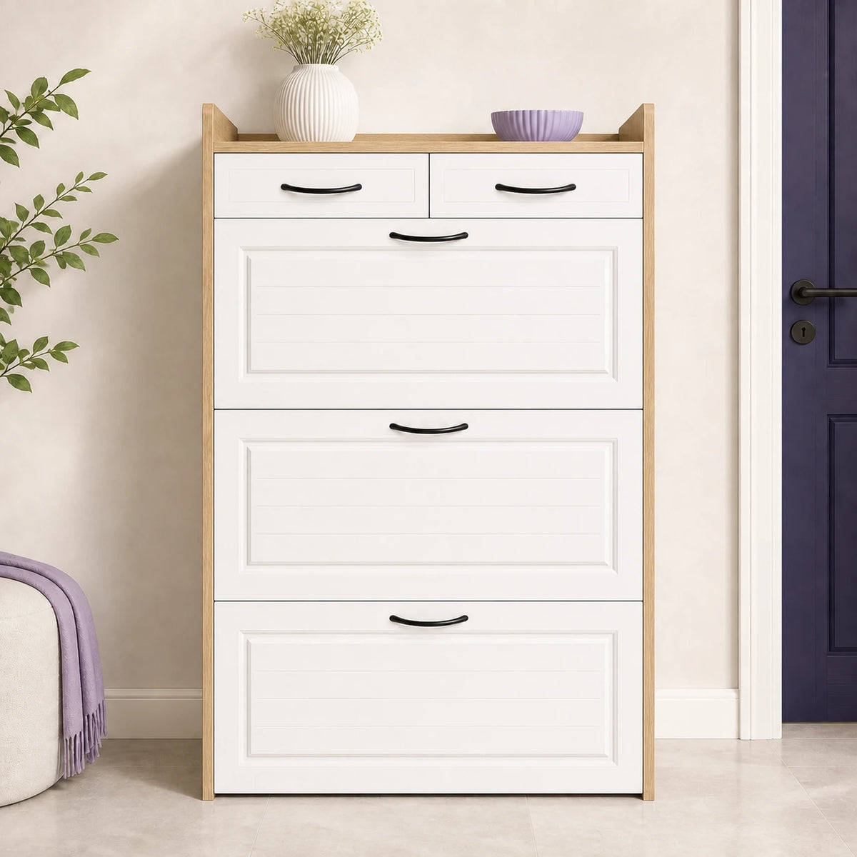 Arynora Entryway Shoe Cabinet in Natural Wood with five white fronts