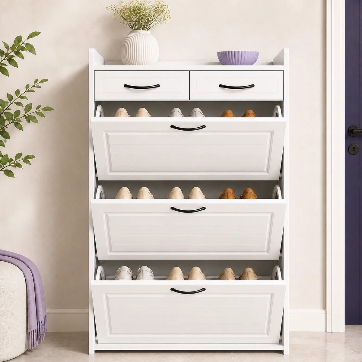 Arynora Entryway Shoe Cabinet in White with three equal flip-down compartments open