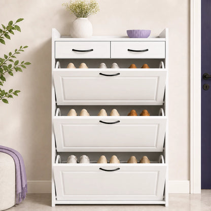 Arynora Entryway Shoe Cabinet in White with three equal flip-down compartments open