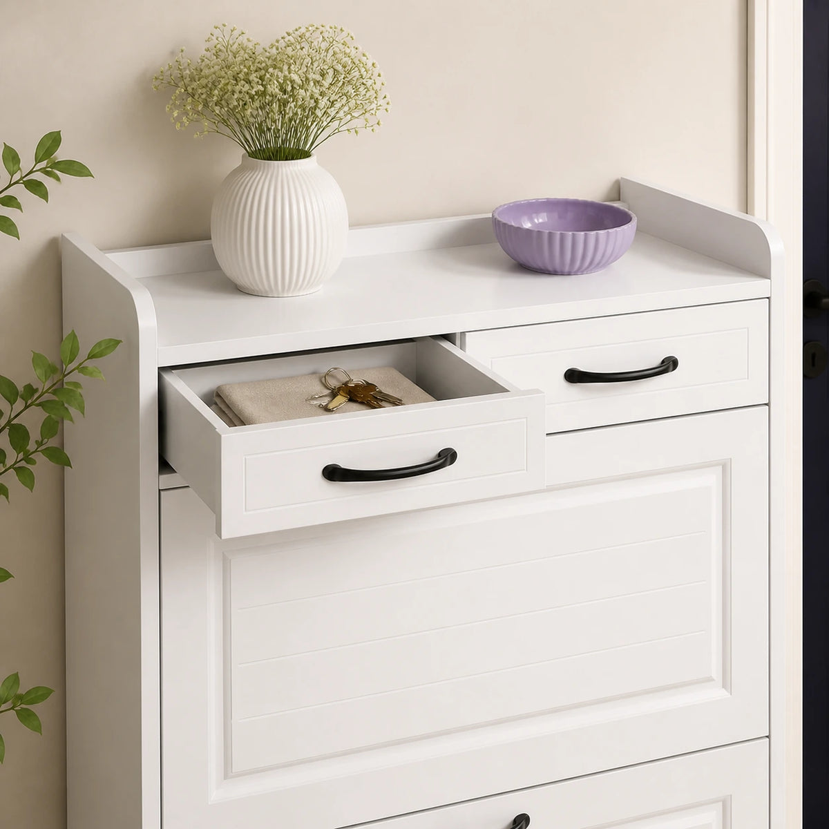 Arynora shoe cabinet detail showing two side-by-side top drawers